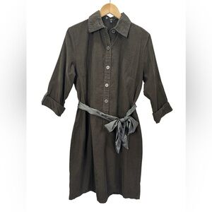 Coupé Corduroy Shirt Dress Roll-tab Sleeves Satin Tie Sash Forest Army Green L